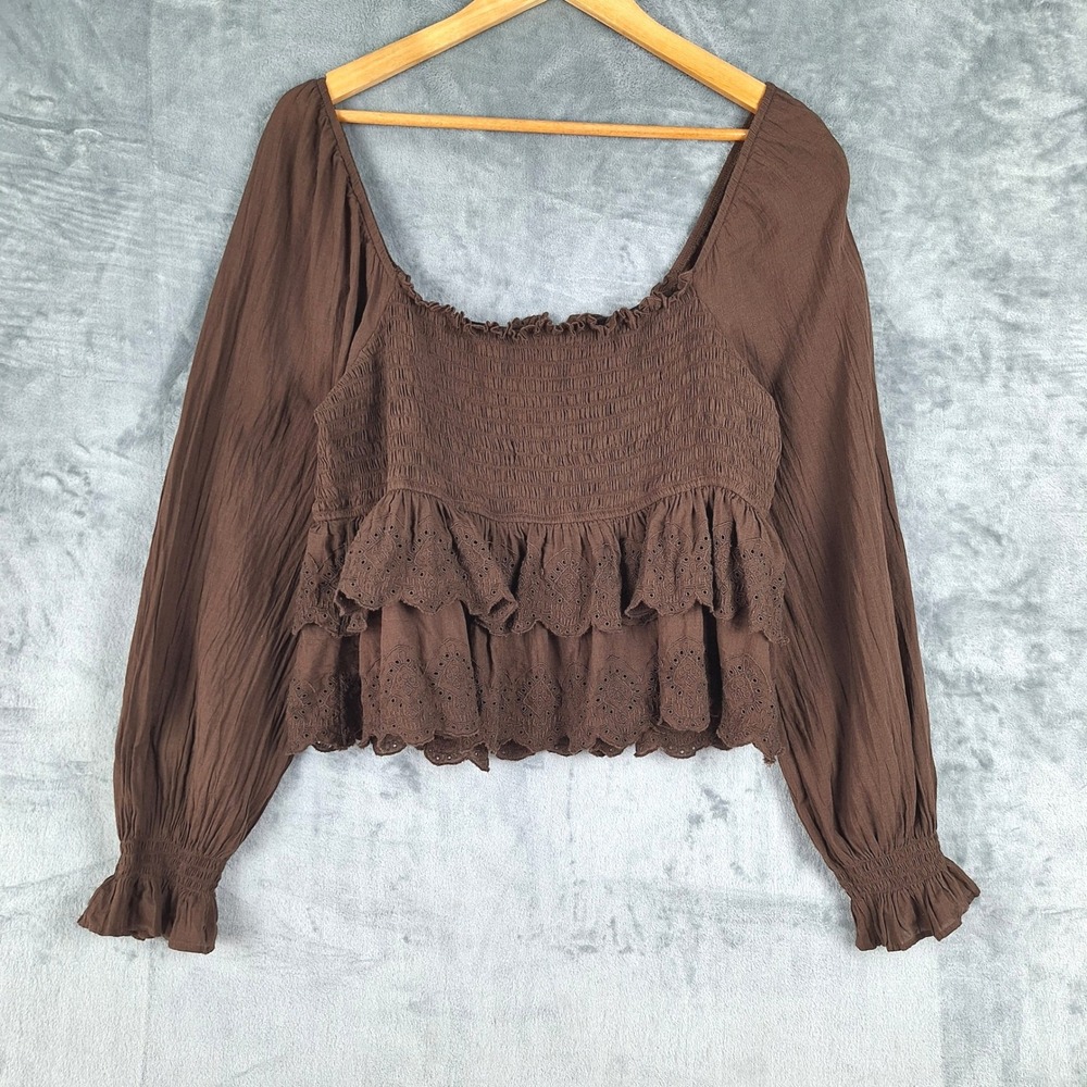 Womens Top Large Brown Boho Peplum Babydoll Cropped Eyelet Cottagecore Smocked